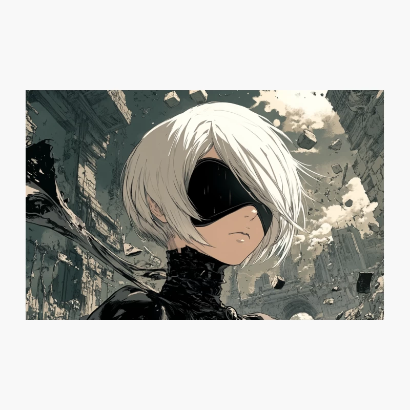 Blindfolded Cyberpunk Anime Character in Dystopian Future Travel Mug