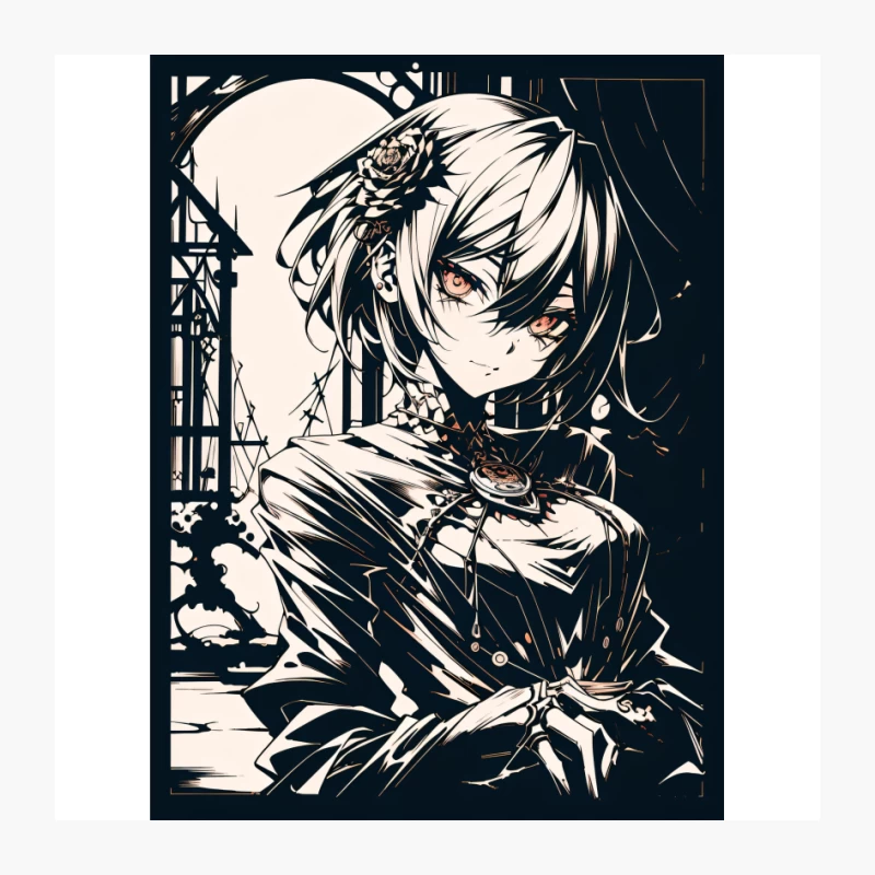 Gothic Anime Portrait in Dark Fantasy Monochrome Pin