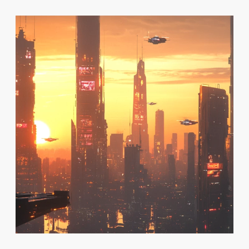 Dystopian Sunset Over a Futuristic Metropolis Pin