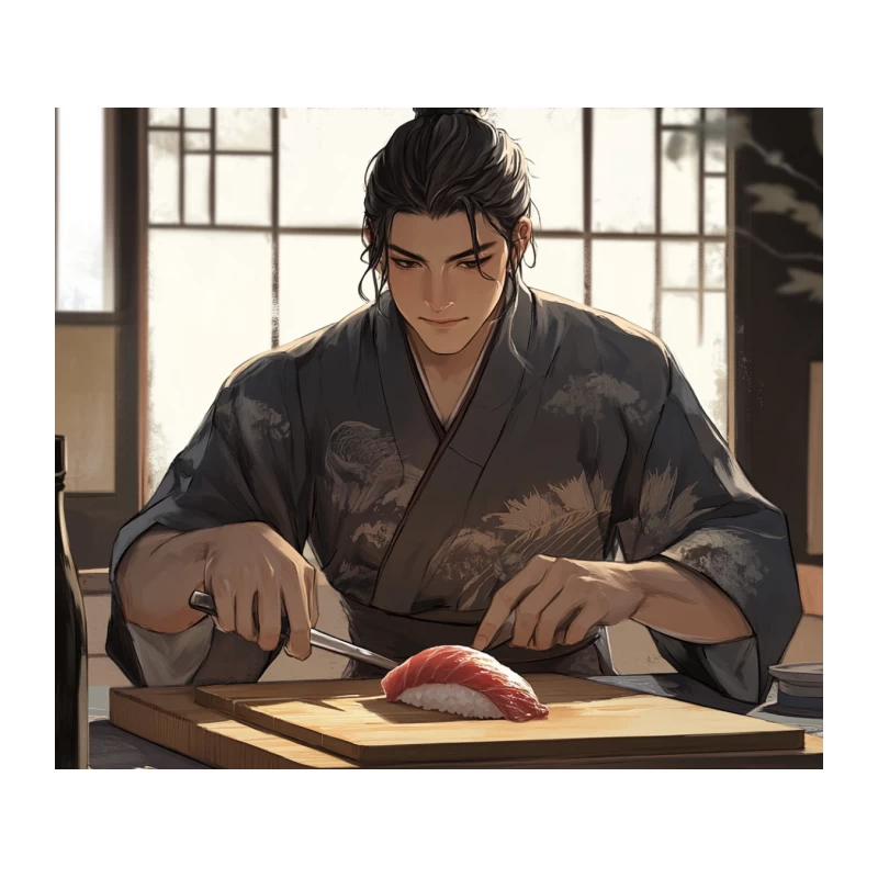 Anime Sushi Chef in Traditional Japanese Setting Tapestry