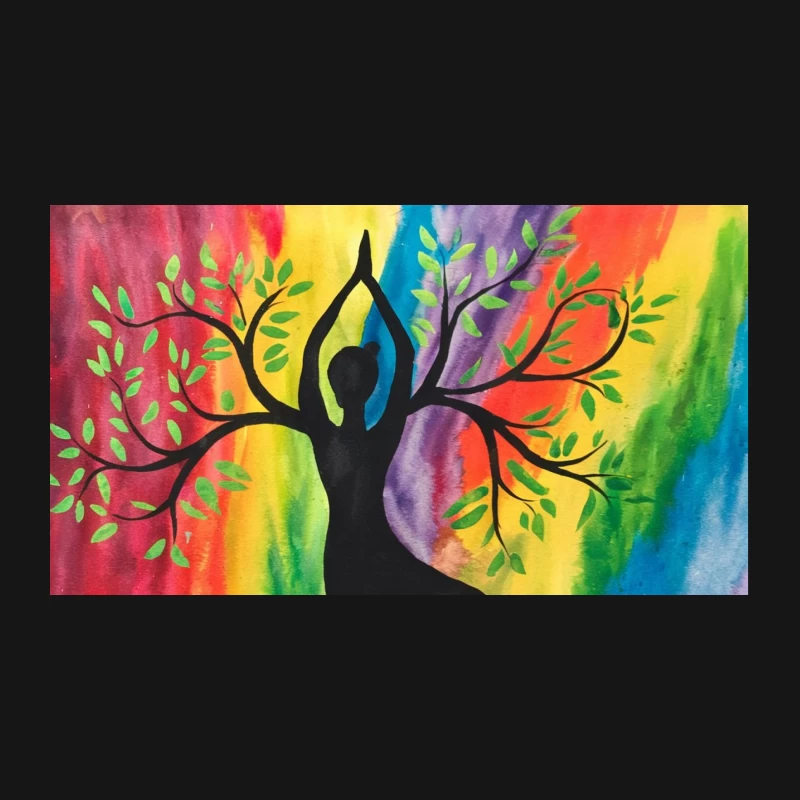 Vibrant Tree Pose: Yoga Silhouette Amidst Rainbow Nature Desk Mat