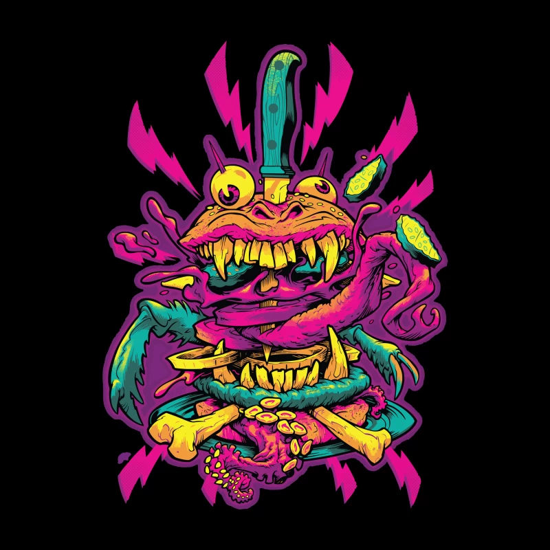 Colorful Grotesque Monster with Knife Throw Pillow