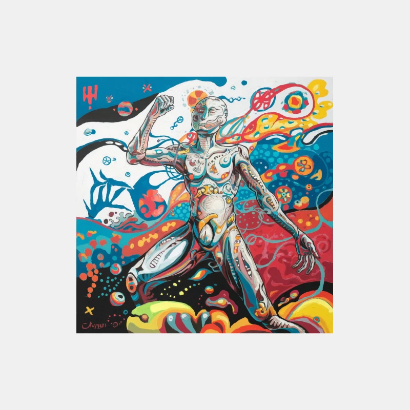 Vibrant Surrealist Body Art: Abstract Psychedelic Human Figure Male Tank Top