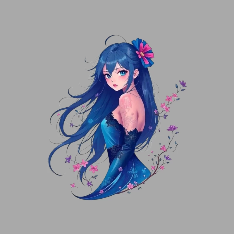 Elegant Anime Girl with Blue Hair and Floral Accents in Evening Dress Female Pullover Hoodie