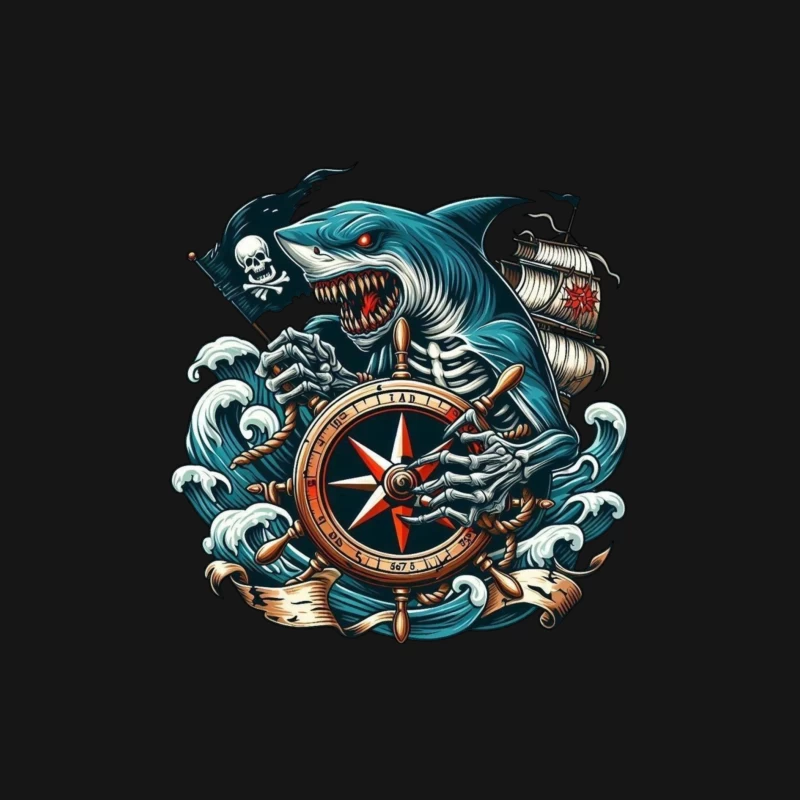 Pirate Shark with Compass and Ship Male Long Sleeve T-Shirt