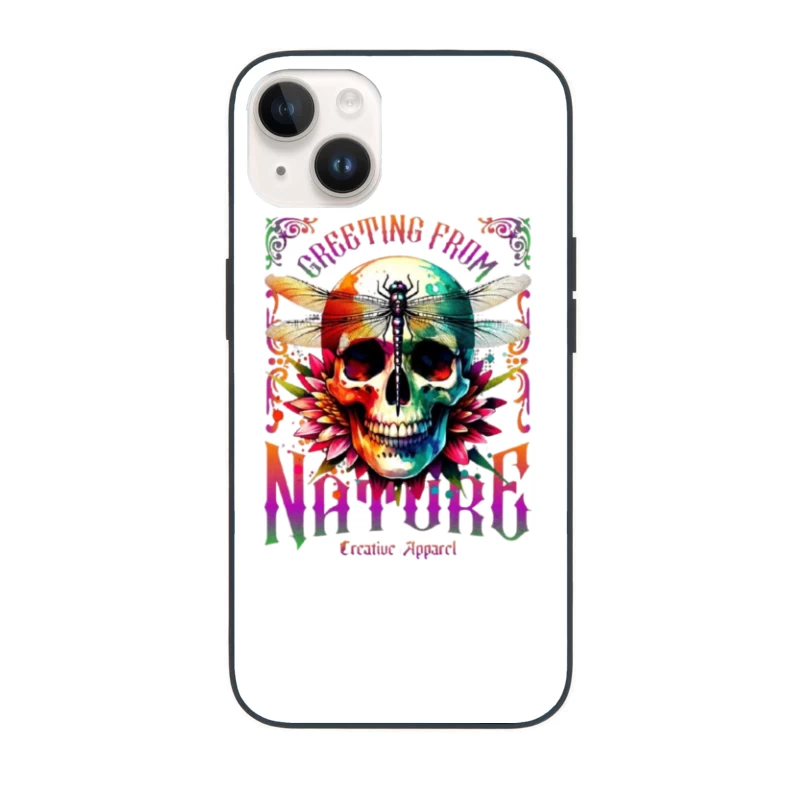 Rainbow Gothic Skull with Dragonfly and Floral Design - Nature Creative Apparel iPhone Case