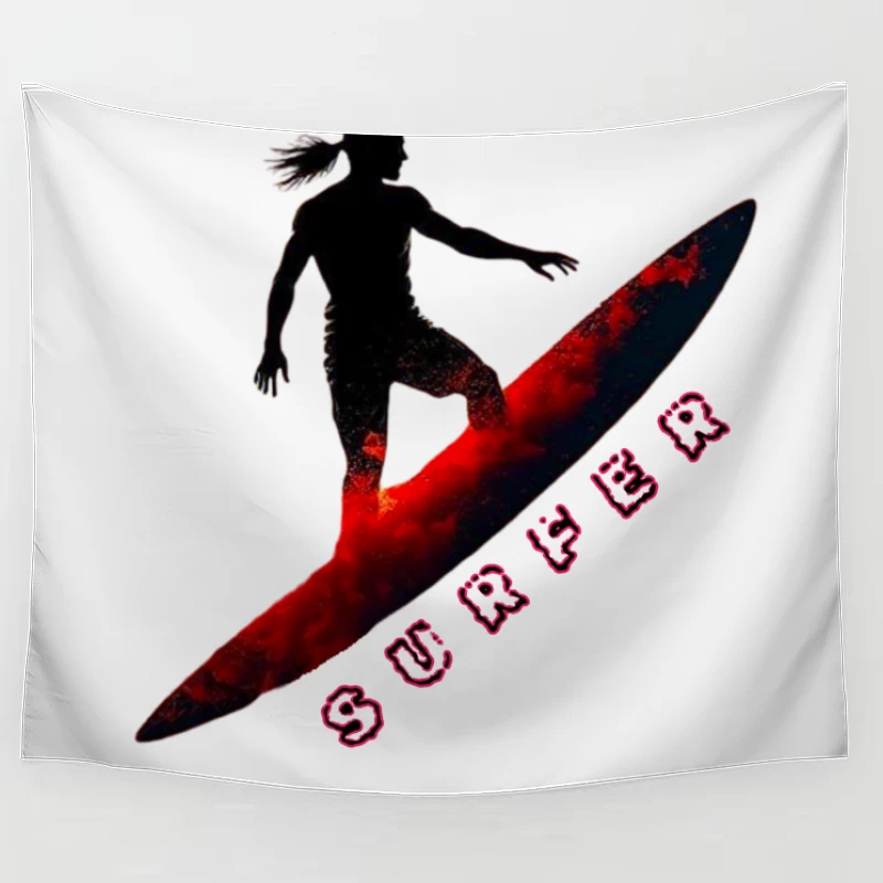 Dynamic Surfer Silhouette with Red Wave Effect Tapestry