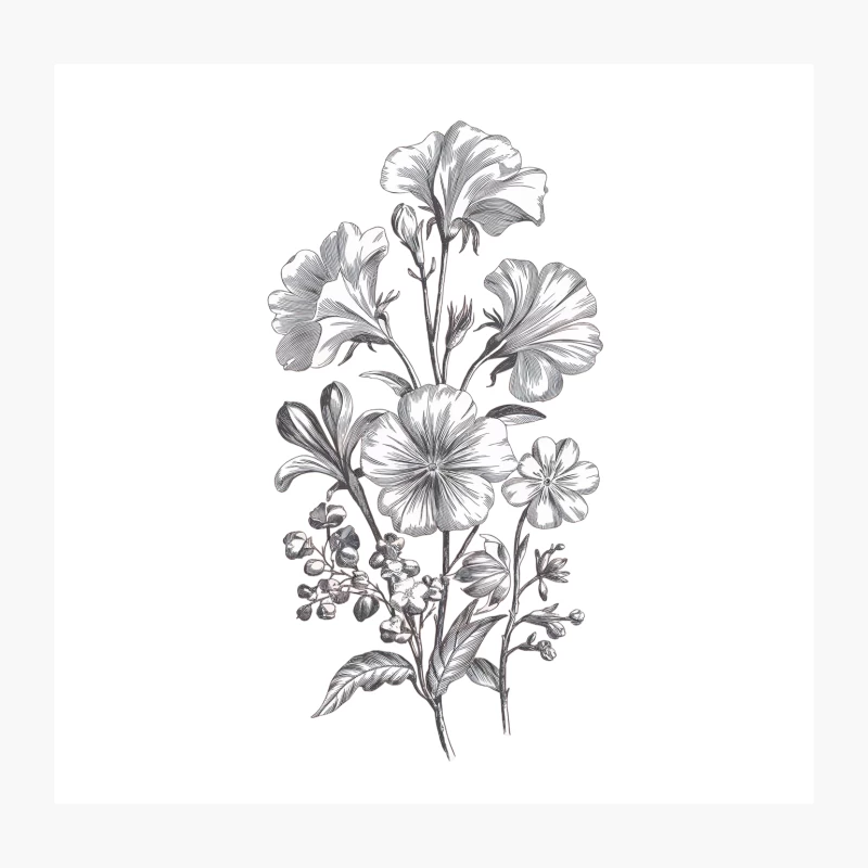 Vintage Botanical Floral Sketch: Detailed Black and White Plant Illustration Throw Pillow