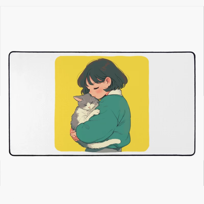 Gentle Embrace: Girl in Green Cuddling Gray Cat Desk Mat