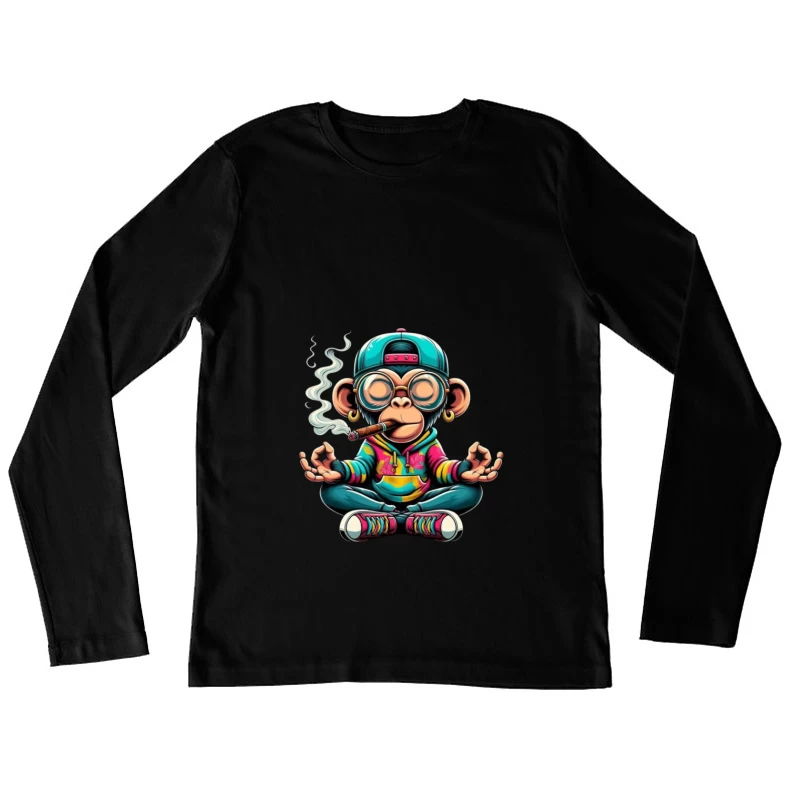 Cartoon Monkey Meditating with Style Female Long Sleeve T-Shirt