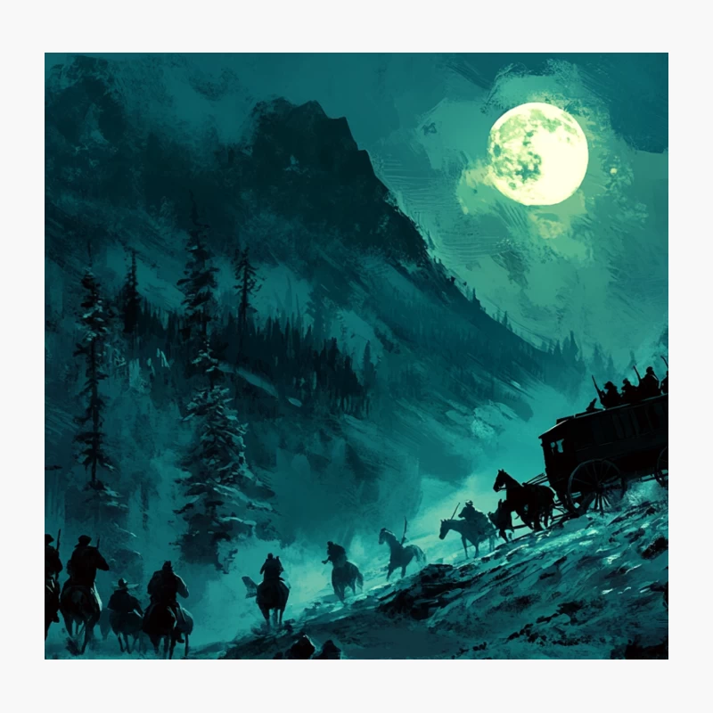 Moonlit Mountain Adventure: Stagecoach and Riders in Snowy Pass Throw Pillow