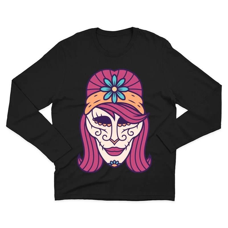 Masque de calavera coloré avec motif floral Homme Manches Longues T-Shirt
