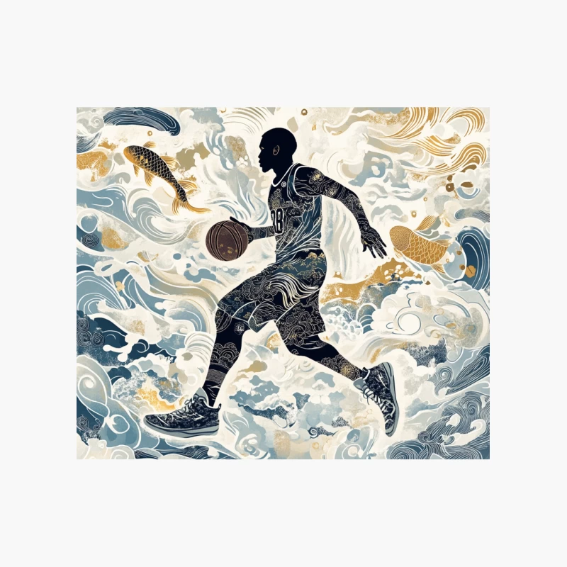 Aquatic Fusion: Basketball Player's Silhouette Amidst Ocean Waves and Koi Cotton Tote Bag