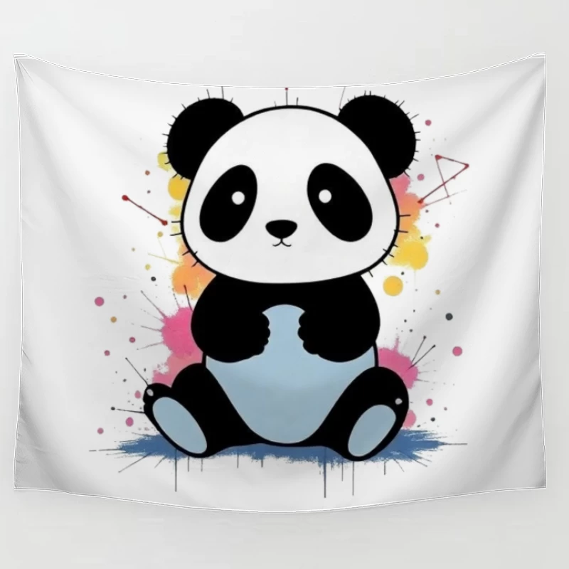 Adorable Cartoon Panda with Watercolor Splash Background Tapestry