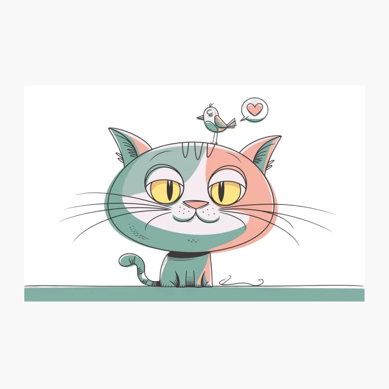 Adorable Cartoon Cat with Loving Bird Friend Travel Mug