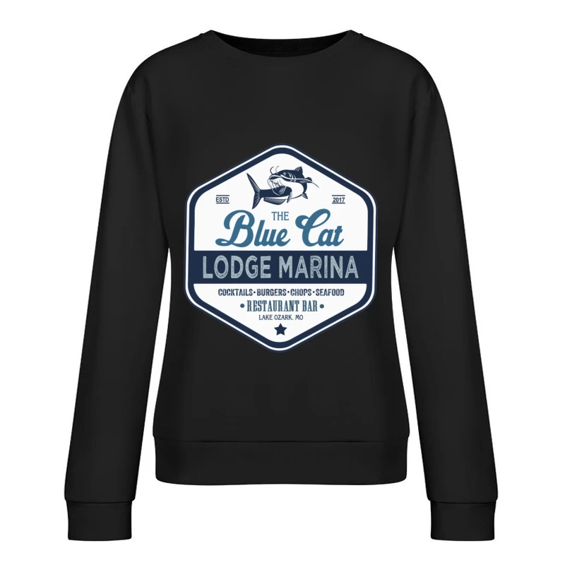 The Blue Cat Lodge Marina Restaurant and Bar - Vintage Nautical Logo Design Female Pullover Sweatshirt