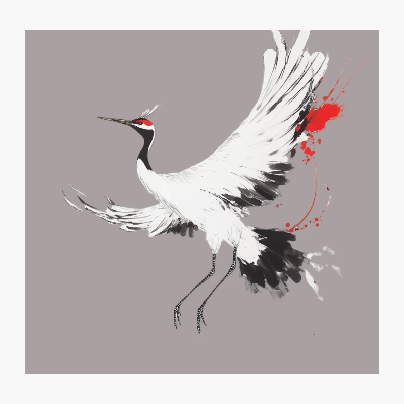 Minimalist Japanese-Style Ink Painting of Crane with Red Splash Throw Pillow