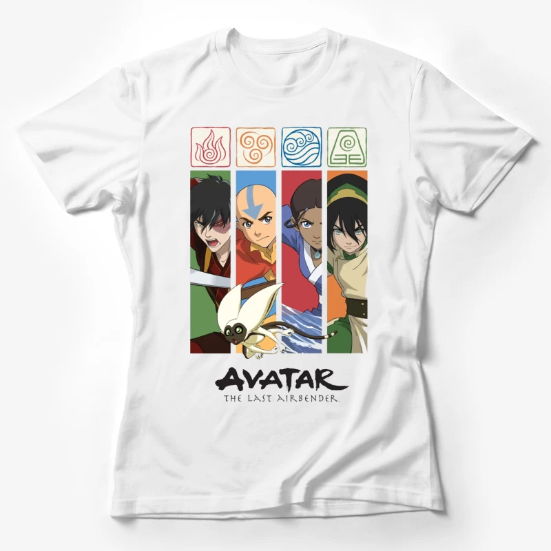 Avatar: The Last Airbender Character Panel with Elemental Symbols Female T-Shirt