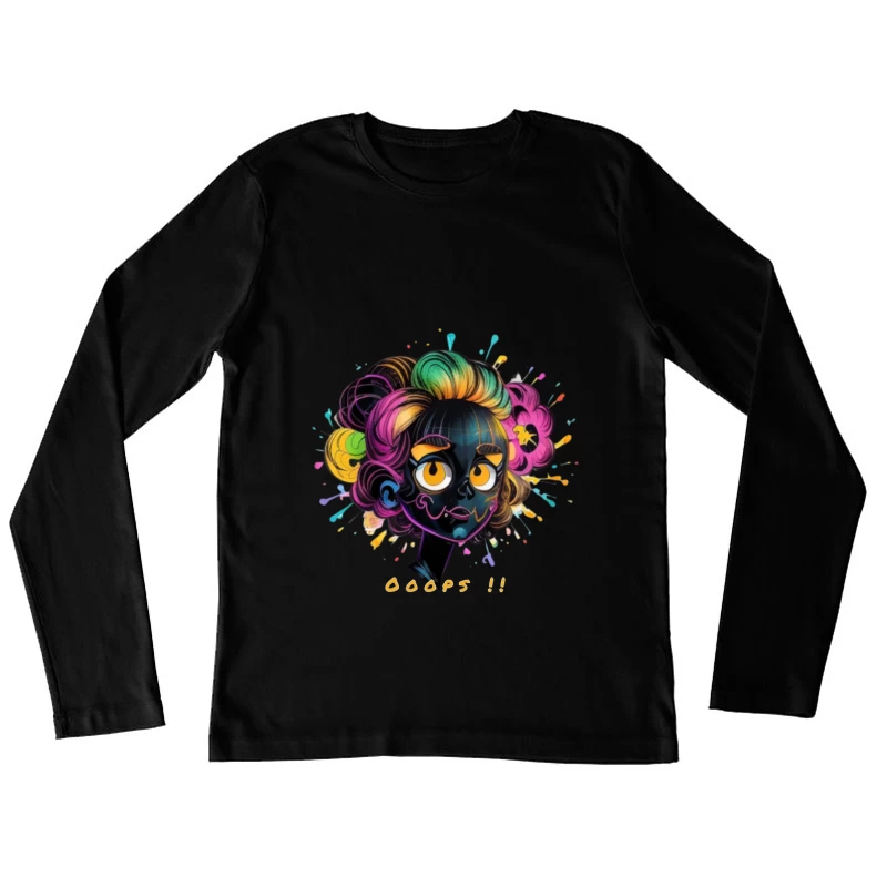 Whimsical Cartoon Character with Rainbow Hair and Paint Splashes Female Long Sleeve T-Shirt