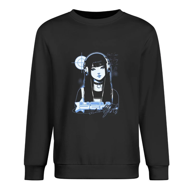 Blue Monochrome Gothic Anime Girl with Headphones Male Pullover Sweatshirt