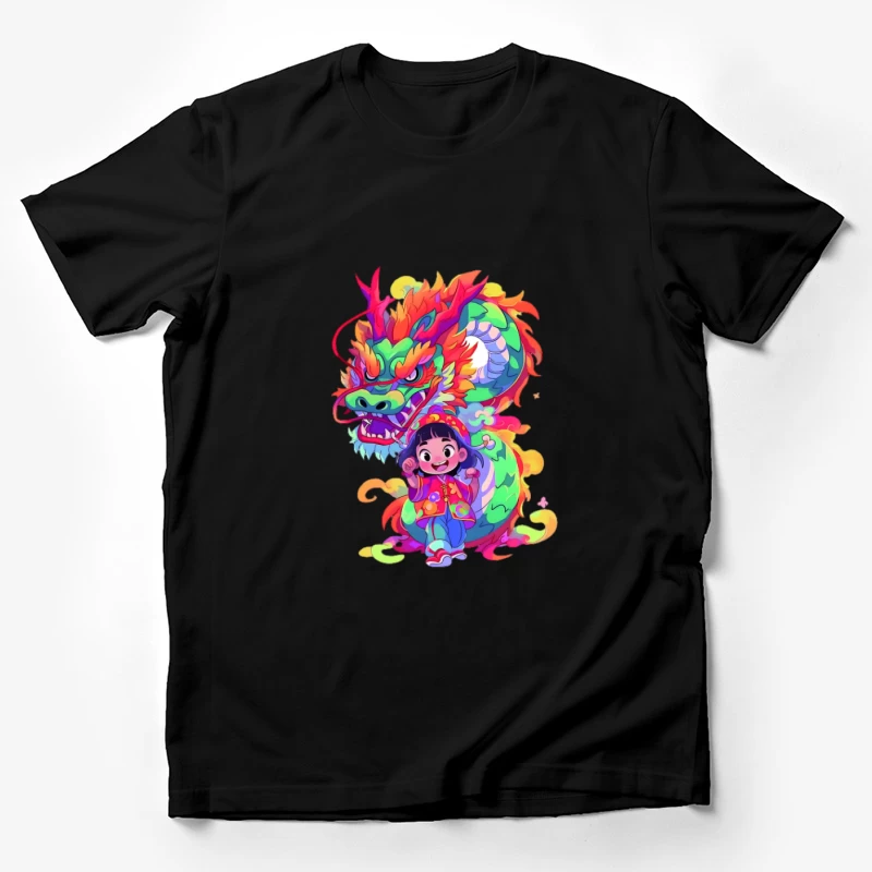 Fröhliches Kind mit farbenfrohem Drachen Herren T-Shirt