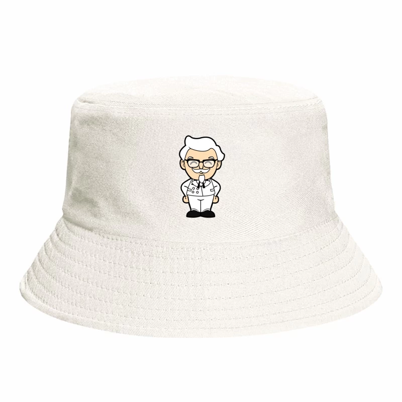 Cheerful Elderly Cartoon Character in White Uniform Bucket Hat