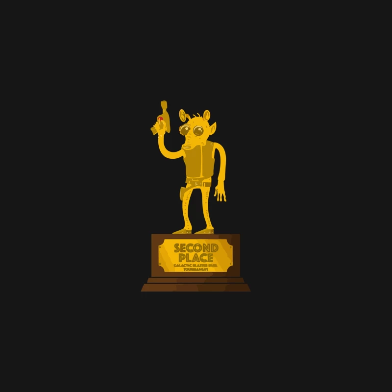 Alien Cartoon Character Wins Second Place Trophy in Galactic Blaster Tournament Desk Mat