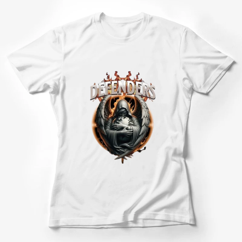 Dark Angel Defender with Earth Globe in Flames Female T-Shirt