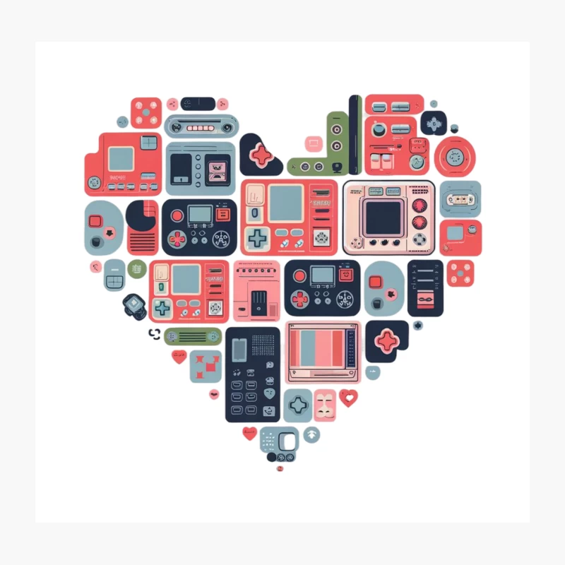 Retro Technology Love: Heart-Shaped Vintage Electronics Illustration Throw Pillow