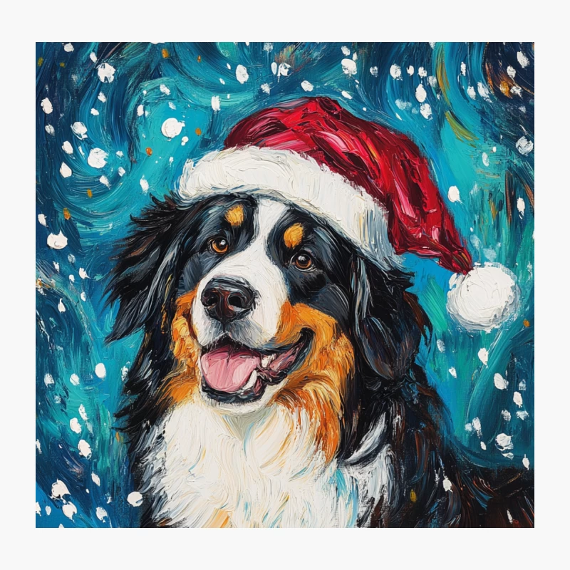 Festive Bernese Mountain Dog Portrait in Santa Hat with Snowy Background Throw Pillow