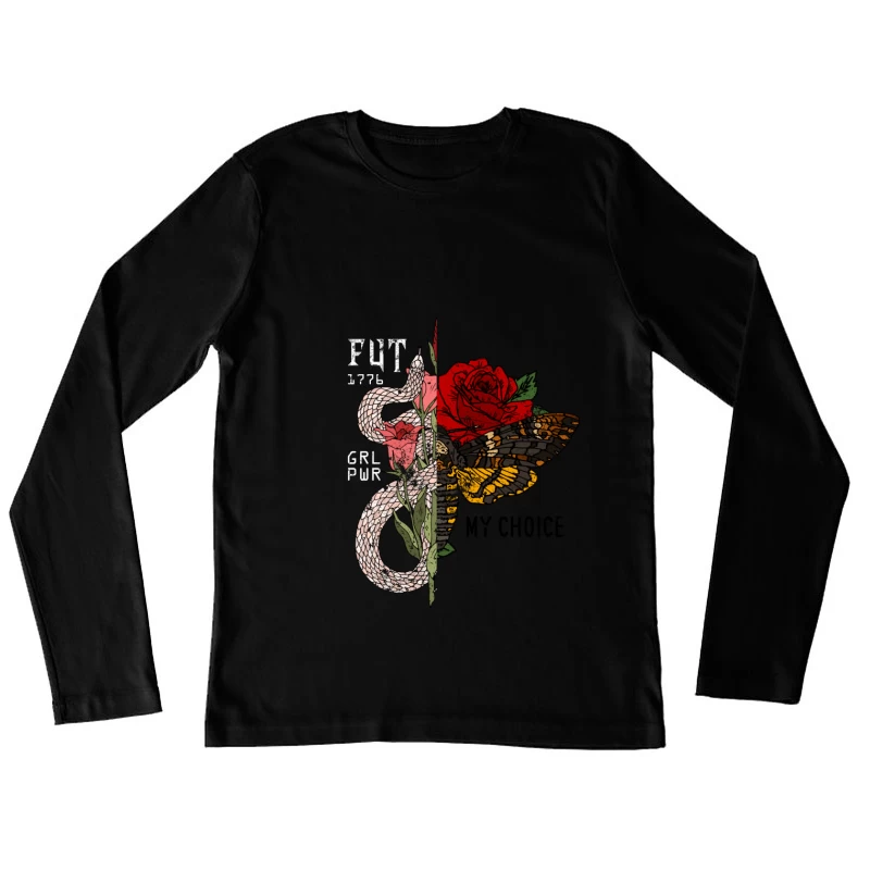 Serpent et papillon avec roses Femme Manches Longues T-Shirt