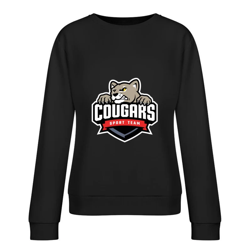 Fierce Cougar Sports Team Logo with Red Banner Female Pullover Sweatshirt