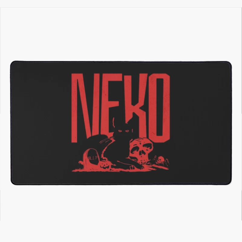 Gothic Red Cat with Skulls and Tombstones Desk Mat