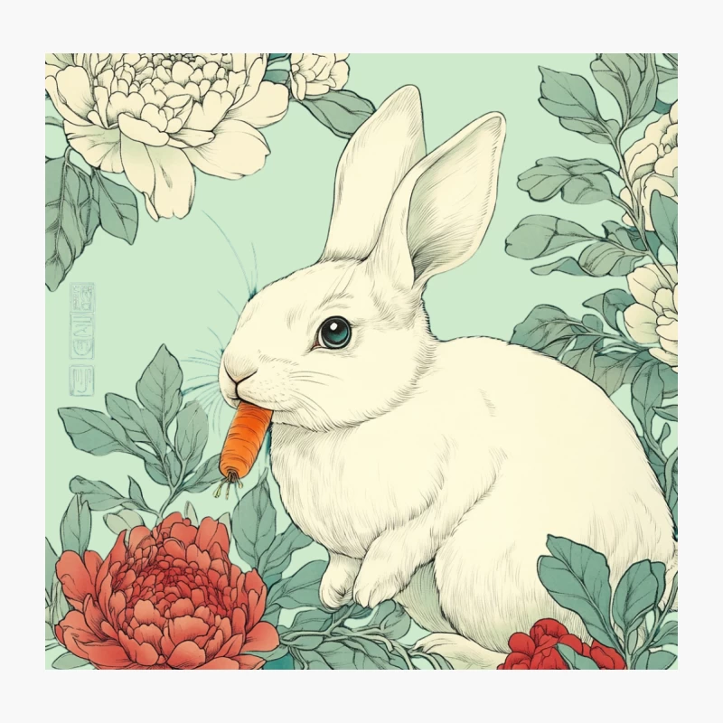 Whimsical Rabbit in Floral Garden Illustration Throw Pillow