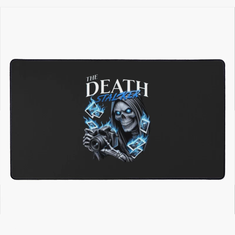 The Death Stalker: Skeletal Photographer with Blue Flames Desk Mat