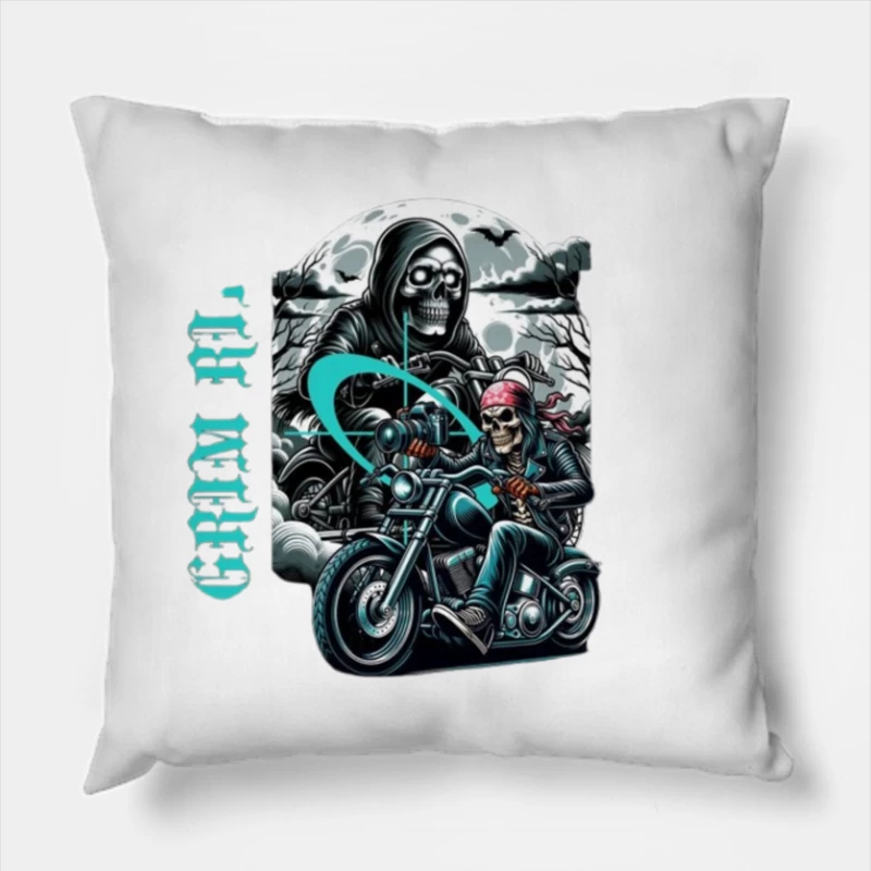 Gothic Grim Reaper Motorcycle Ride Under Moonlight Throw Pillow