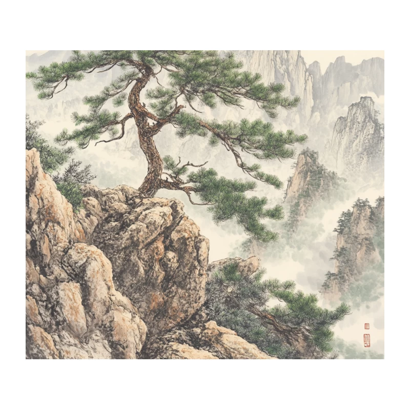 Misty Mountain Landscape with Solitary Pine: Traditional Chinese Painting Tapestry