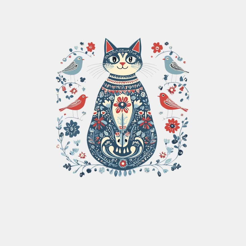 Whimsical Folk Art Cat with Floral Patterns and Birds Male Tank Top