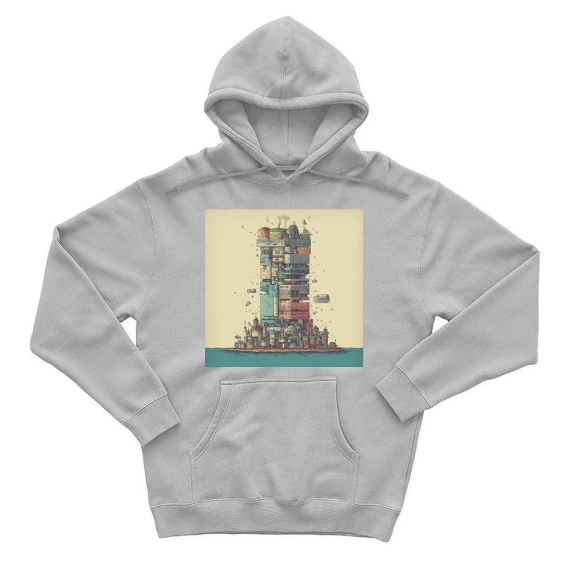 Retro-Futuristic Vertical City Island Male Pullover Hoodie