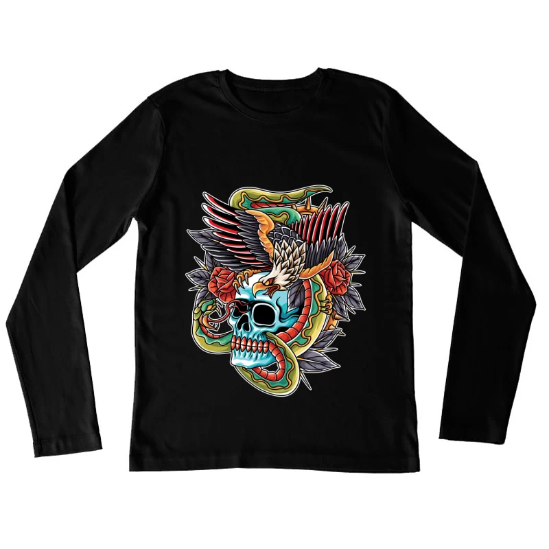 Colorful Tattoo Design Featuring a Skull, Eagle, and Snake Female Long Sleeve T-Shirt