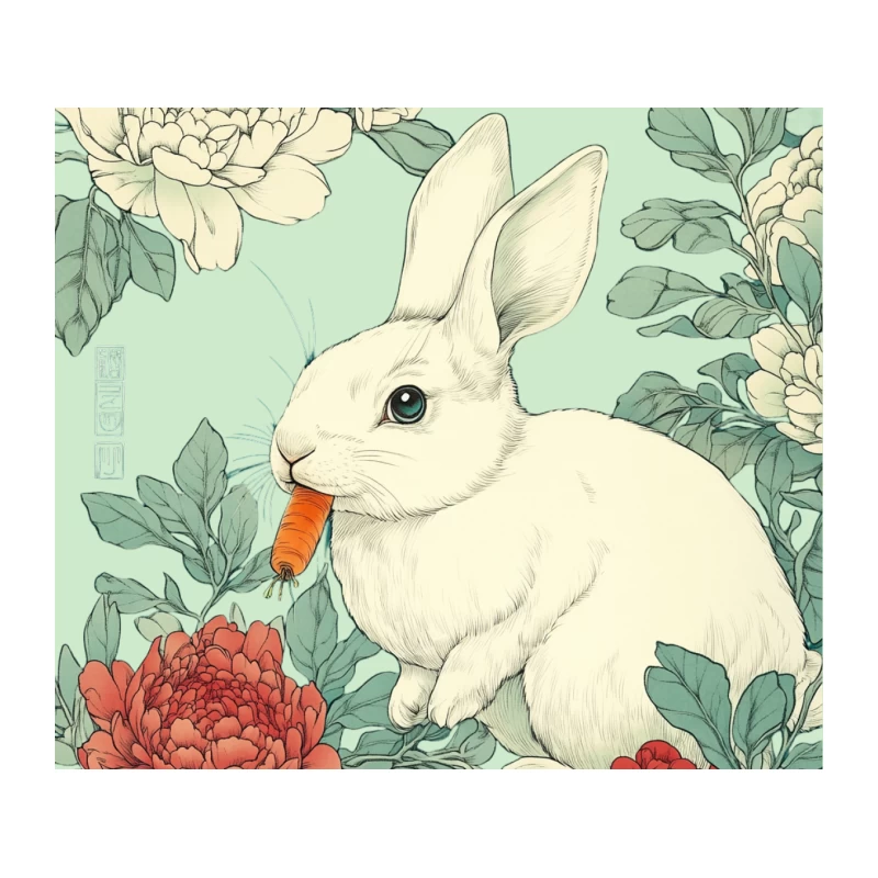 Whimsical Rabbit in Floral Garden Illustration Tapestry