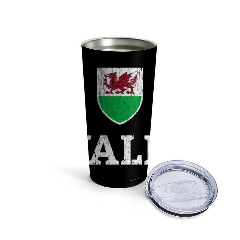 Welsh Dragon Shield with Distressed Text Design Travel Mug