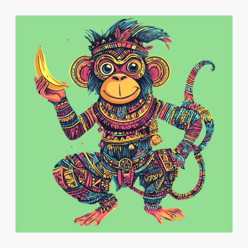 Colorful Tribal Monkey Cartoon with Banana Pin