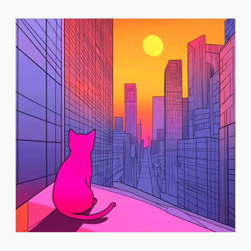 Neon Cat Watching Retro Vaporwave Cityscape at Sunset Throw Pillow