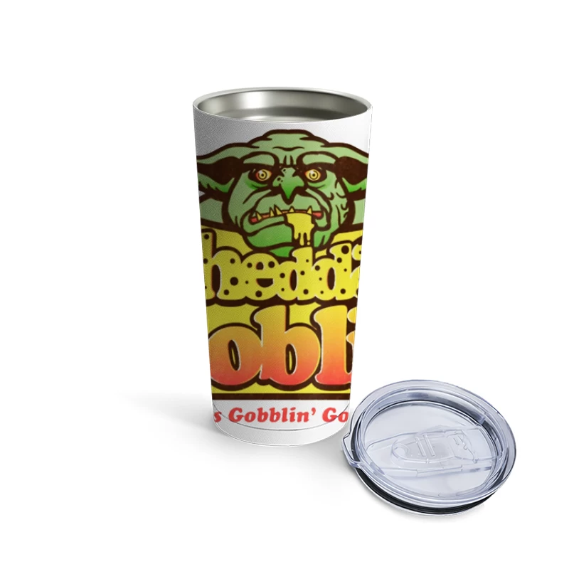 Retro Goblin Character Food Logo with Yellow Typography Travel Mug