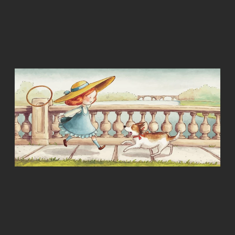 Whimsical Stroll: Girl and Dog's Riverside Adventure Baseball Cap
