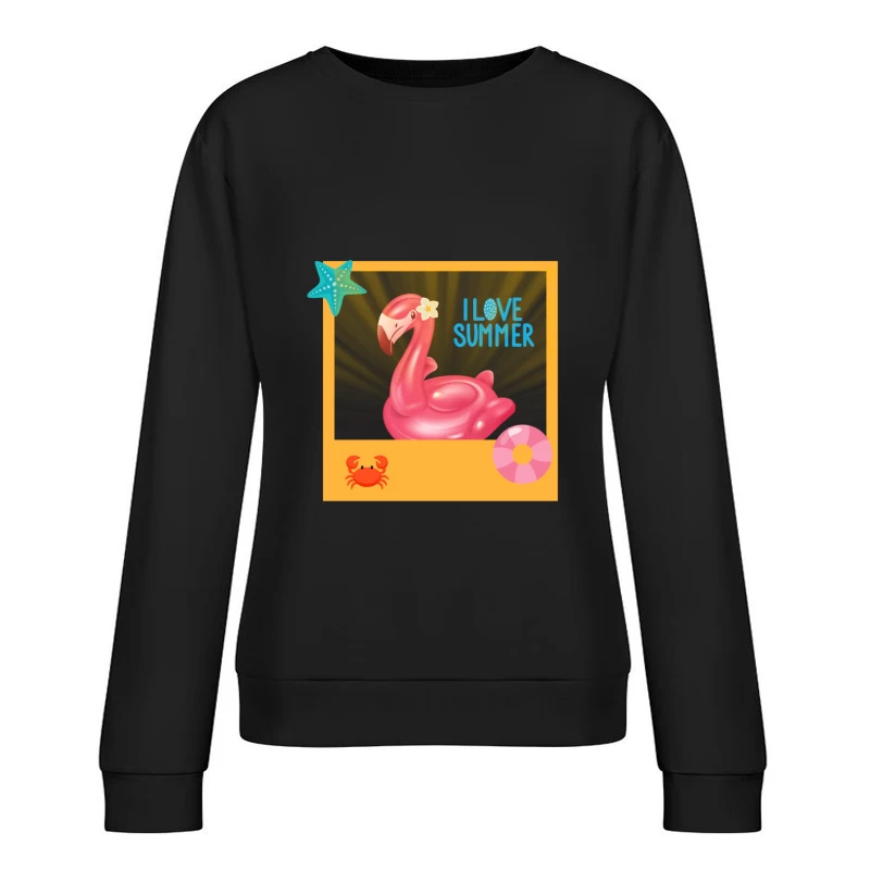 Cool Pink Flamingo with Sunglasses on Beach Female Pullover Sweatshirt