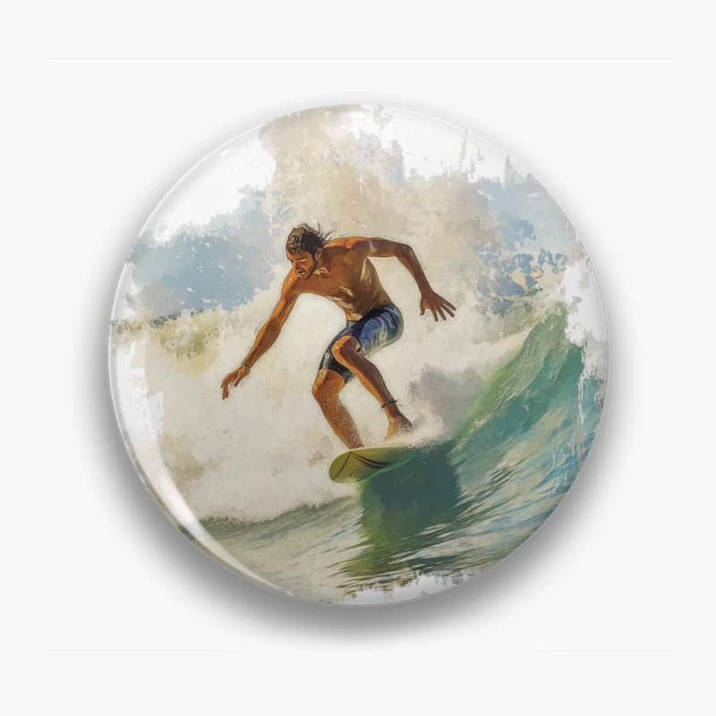 Dynamic Watercolor Surfer Riding Turquoise Wave Pin