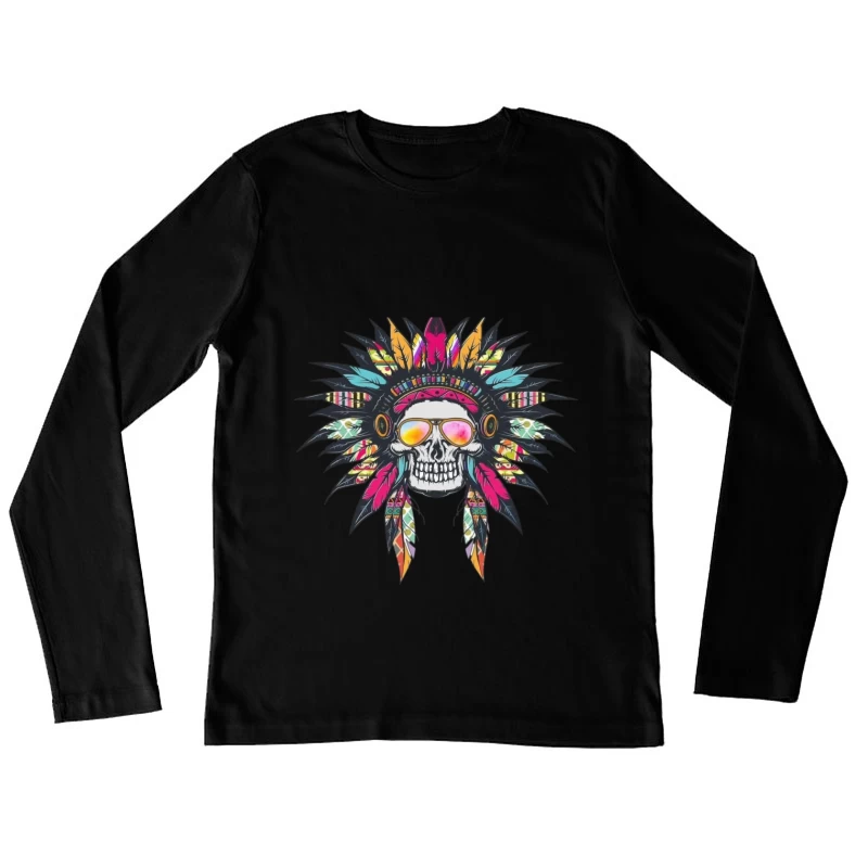 Colorful Skull with Headdress and Sunglasses Female Long Sleeve T-Shirt