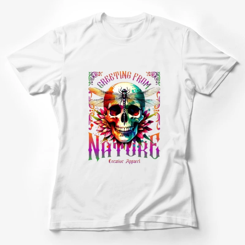 Rainbow Gothic Skull with Dragonfly and Floral Design - Nature Creative Apparel Female T-Shirt